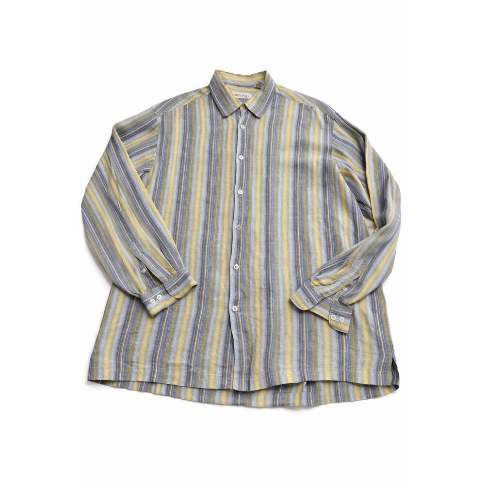 Anthology Linen Yellow Blue Grey Stripe Button Up Shirt Size XL